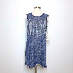 COUSIN EARL Dress Blue Terry Sleeveless Small Fringe Chest